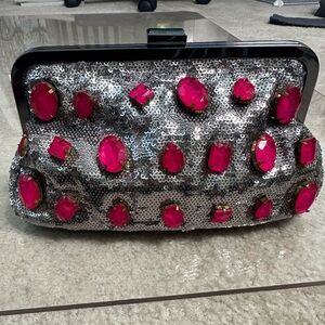 CLUTCH GUN METAL SEQUIN PINK STONE BAG PURSE NWOT
